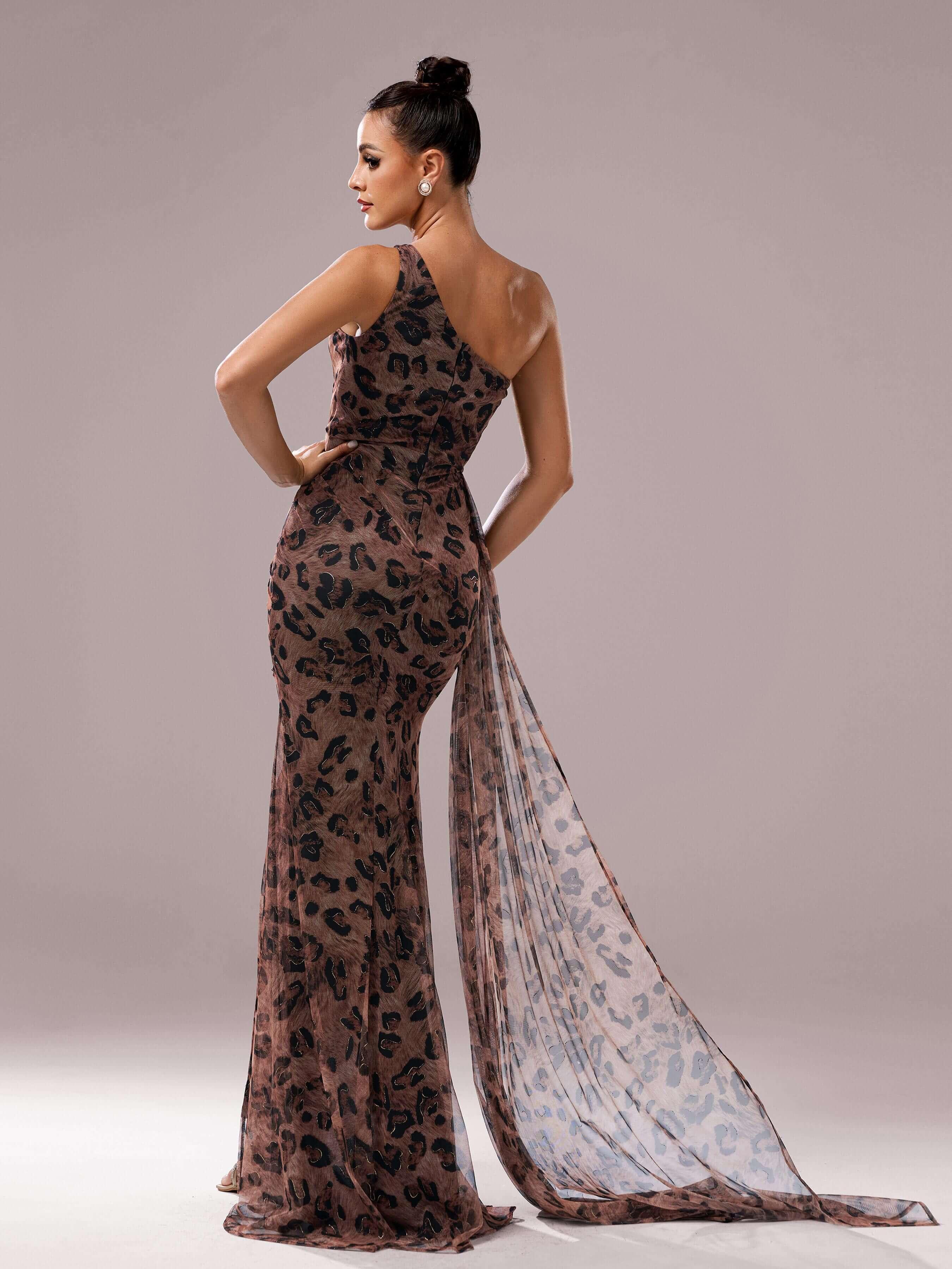Leopard Print One Shoulder Mesh Prom Dress DH80317