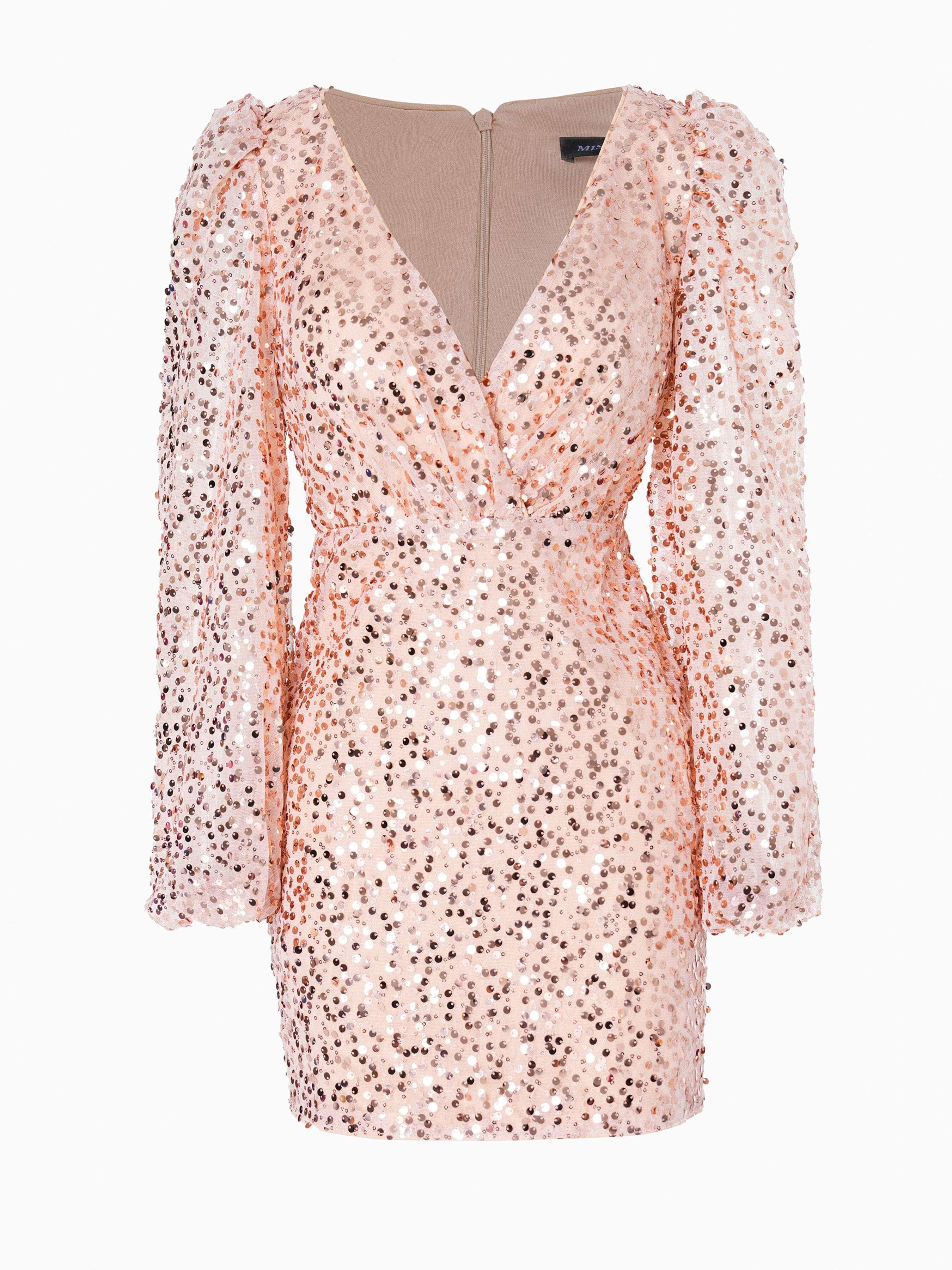 Lantern Sleeve V-neck Sequin Cocktail Dress RJ10566