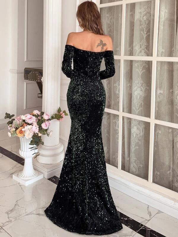 Off Shoulder Mesh Insert Split Sequin Prom Dress M0806