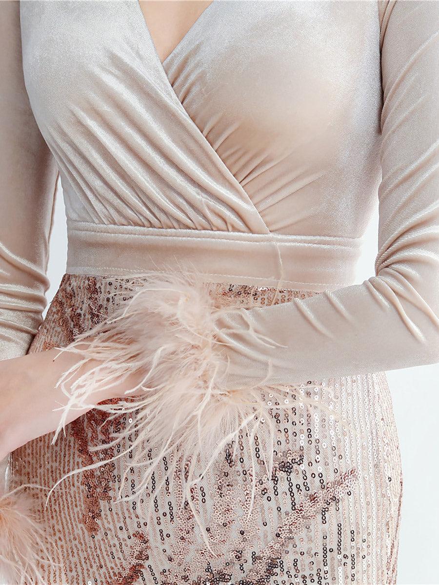 Long Sleeve Velvet Feather Wrap Prom Dress MCW0949