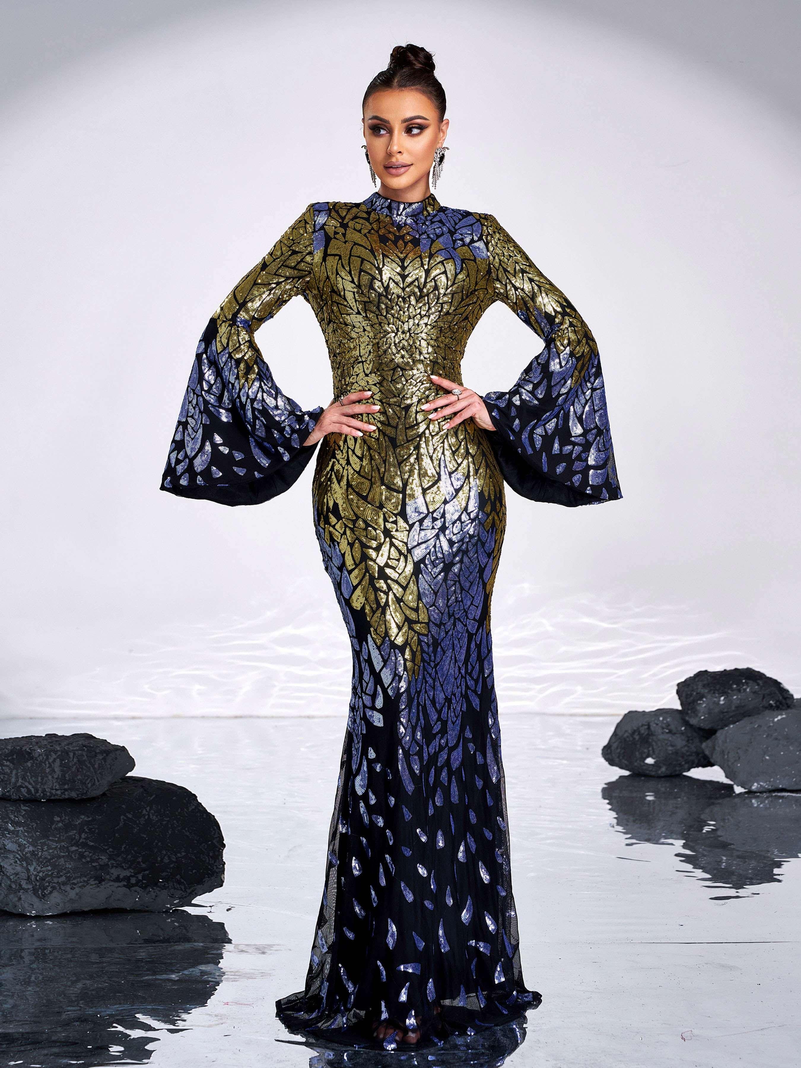 Backless Bell Sleeve Sequin Formal Dress XH2425