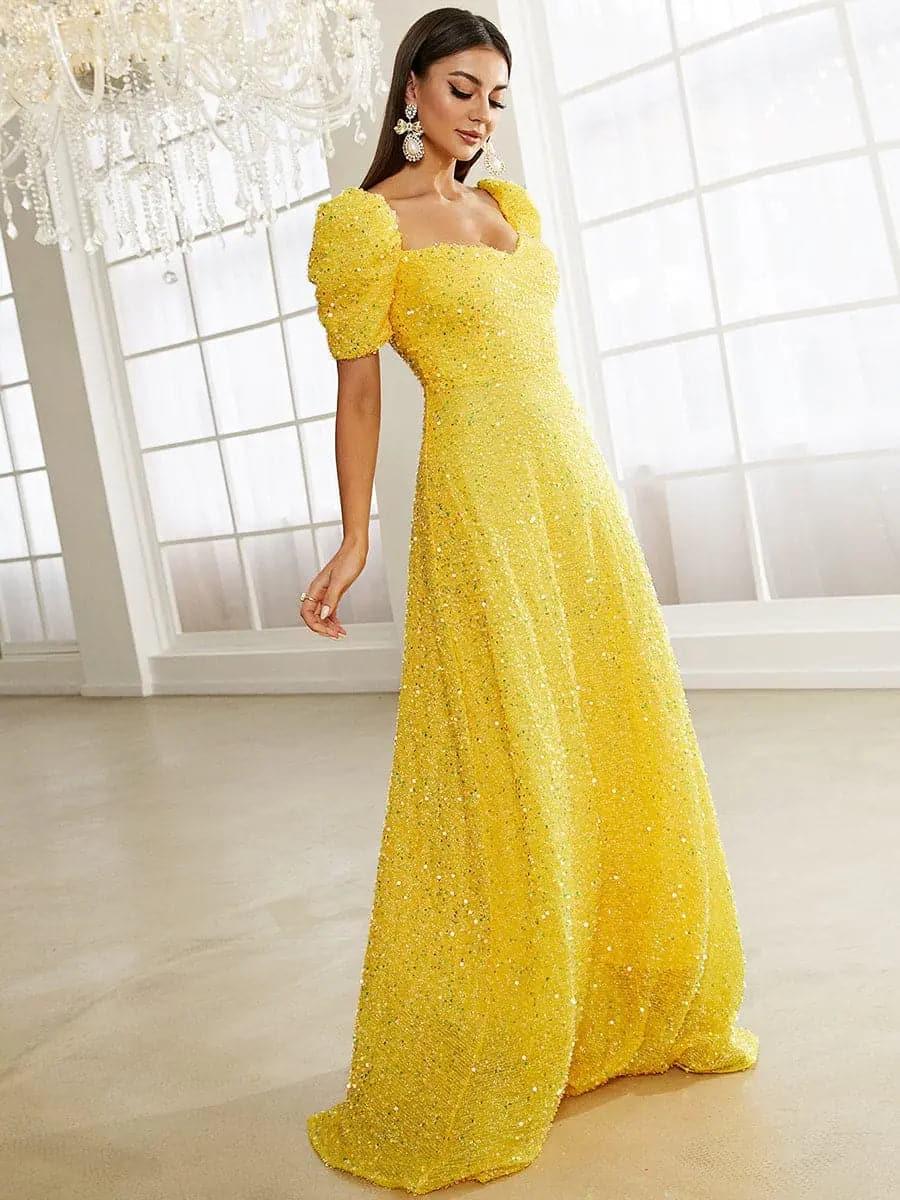 Light Yellow Puff Sleeve Sequin Maxi Dress XJ1509