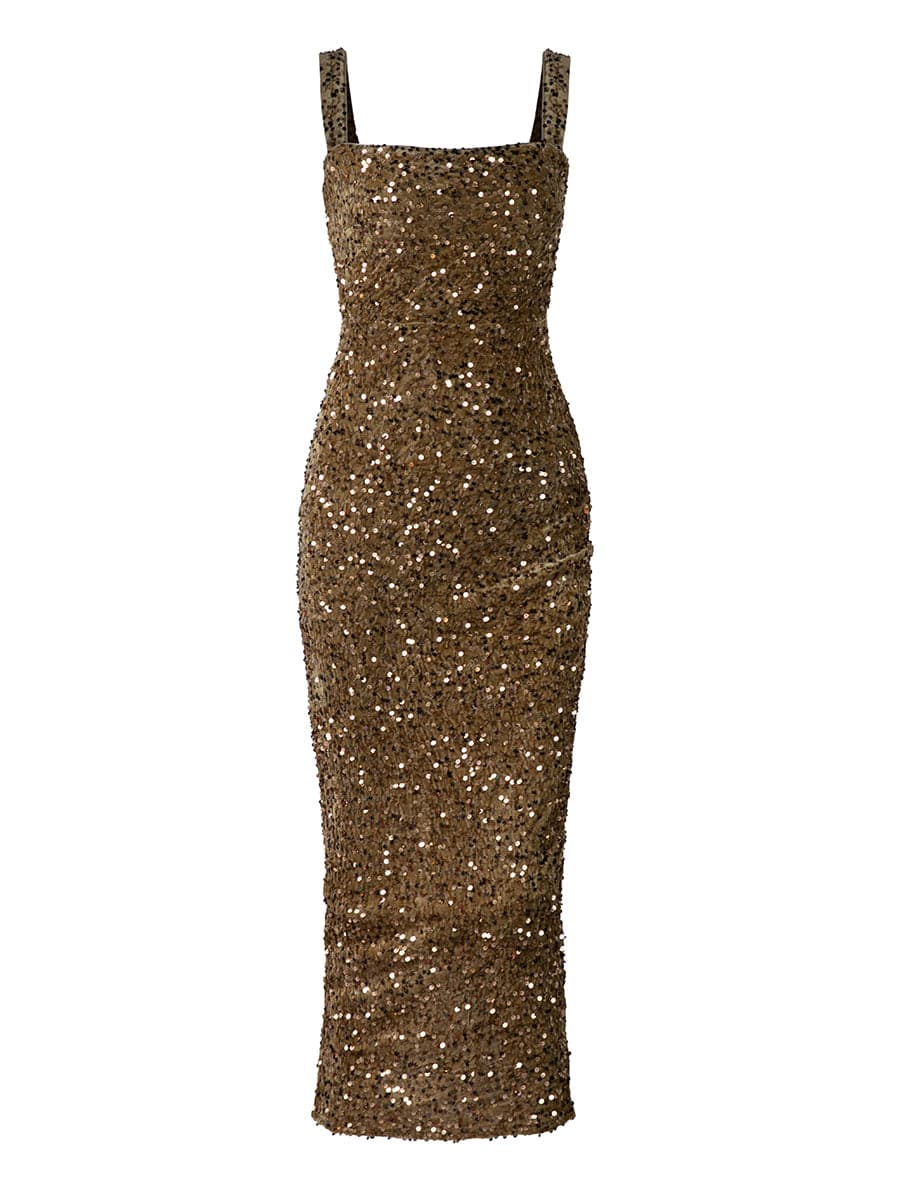 Square Neck Split Back Sequin Brown Prom Dress XJ468