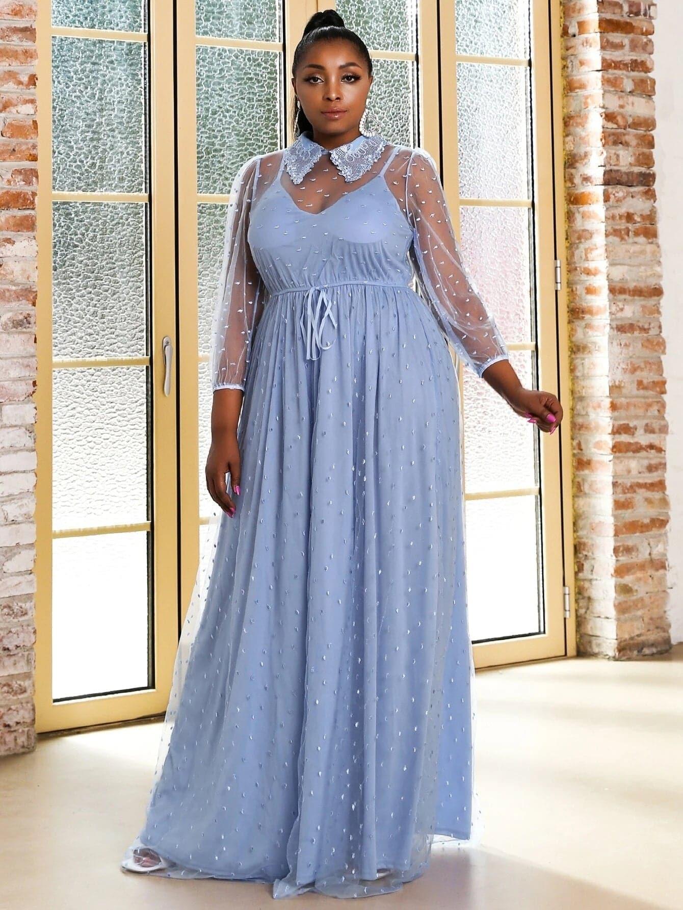 MISSORD Plus Knot Front Maxi Embroidery Mesh Prom Dress P0154