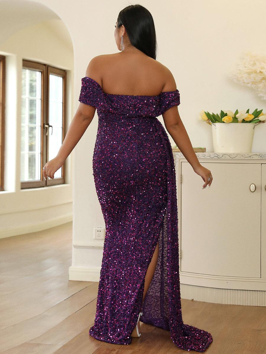 Plus Off Shoulder Draped Sequin Prom Dress PXH2132