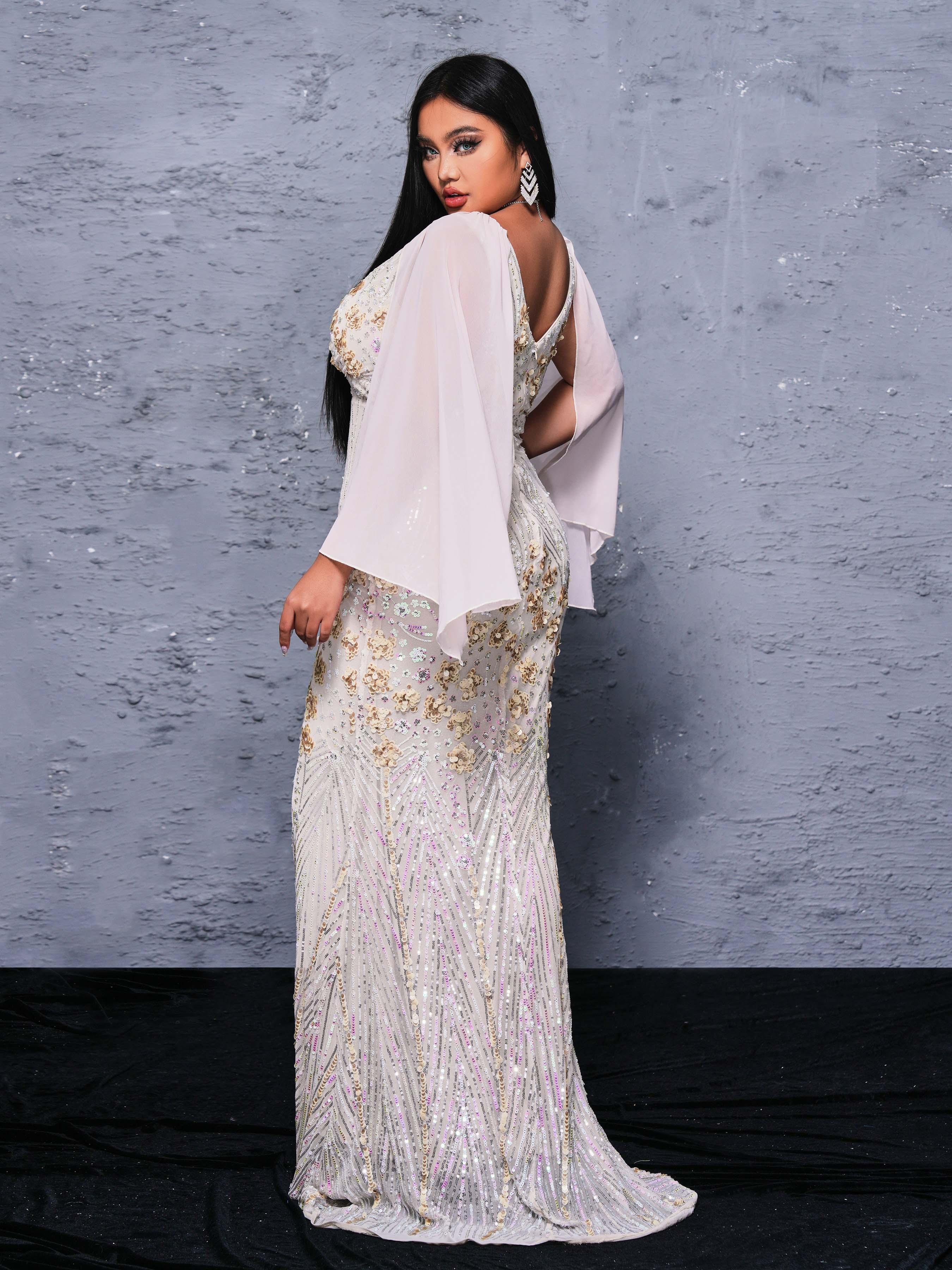 Plus V-neck Floral Sequin Mermaid Dress PRX70154