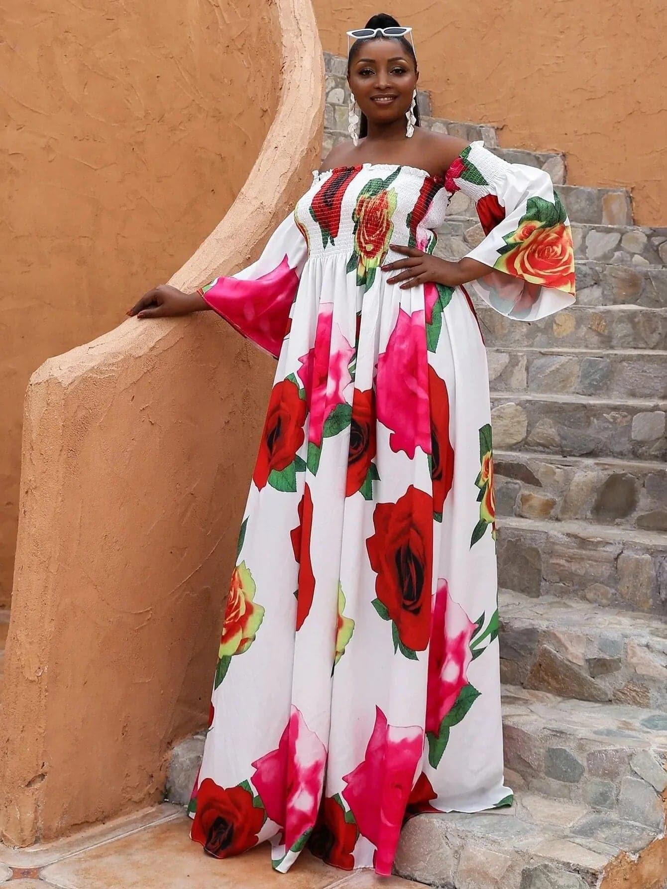 Missord Plus Floral Print Shirred Bardot Dress P0121