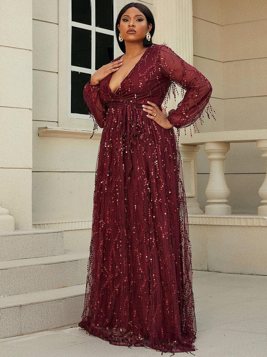Plus V Neck Red Sequin Mesh Maxi Dress P0376