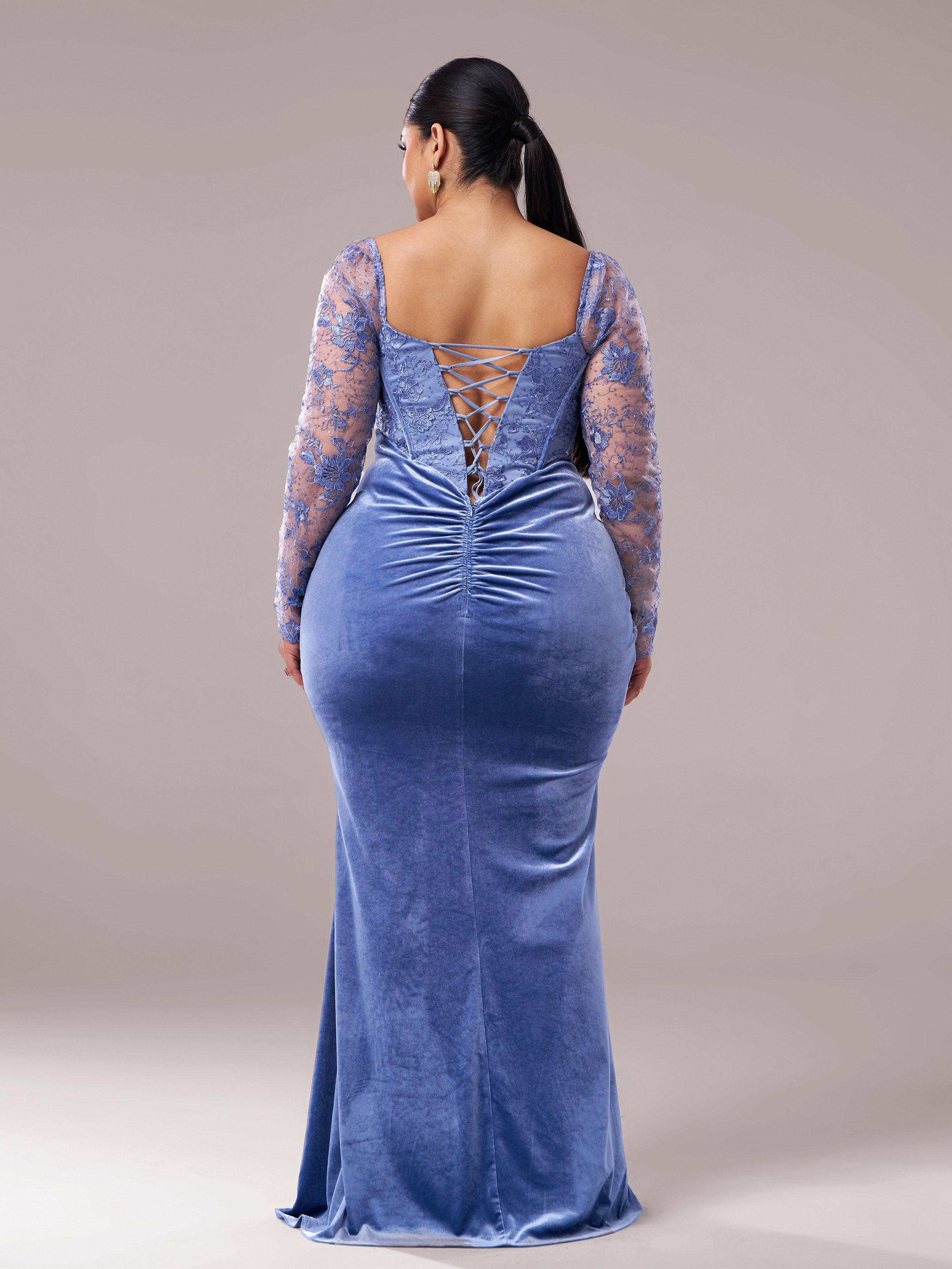 Plus Blue Corset Embroidered Split Prom Dress PRX70249