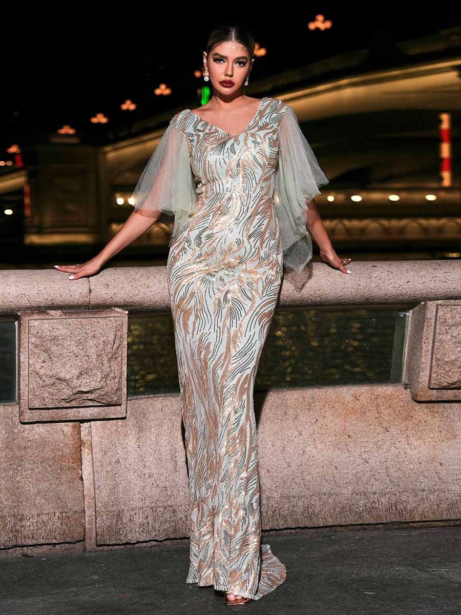 V-neck Mesh Sleelve Formal Dress RH31034