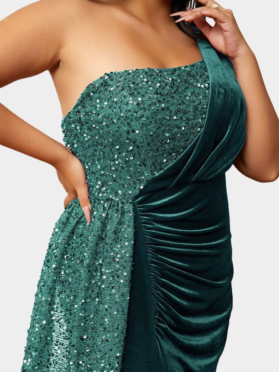 Plus Size One Shoulder Draped Sequin Burgundy Prom Dress PXH2356