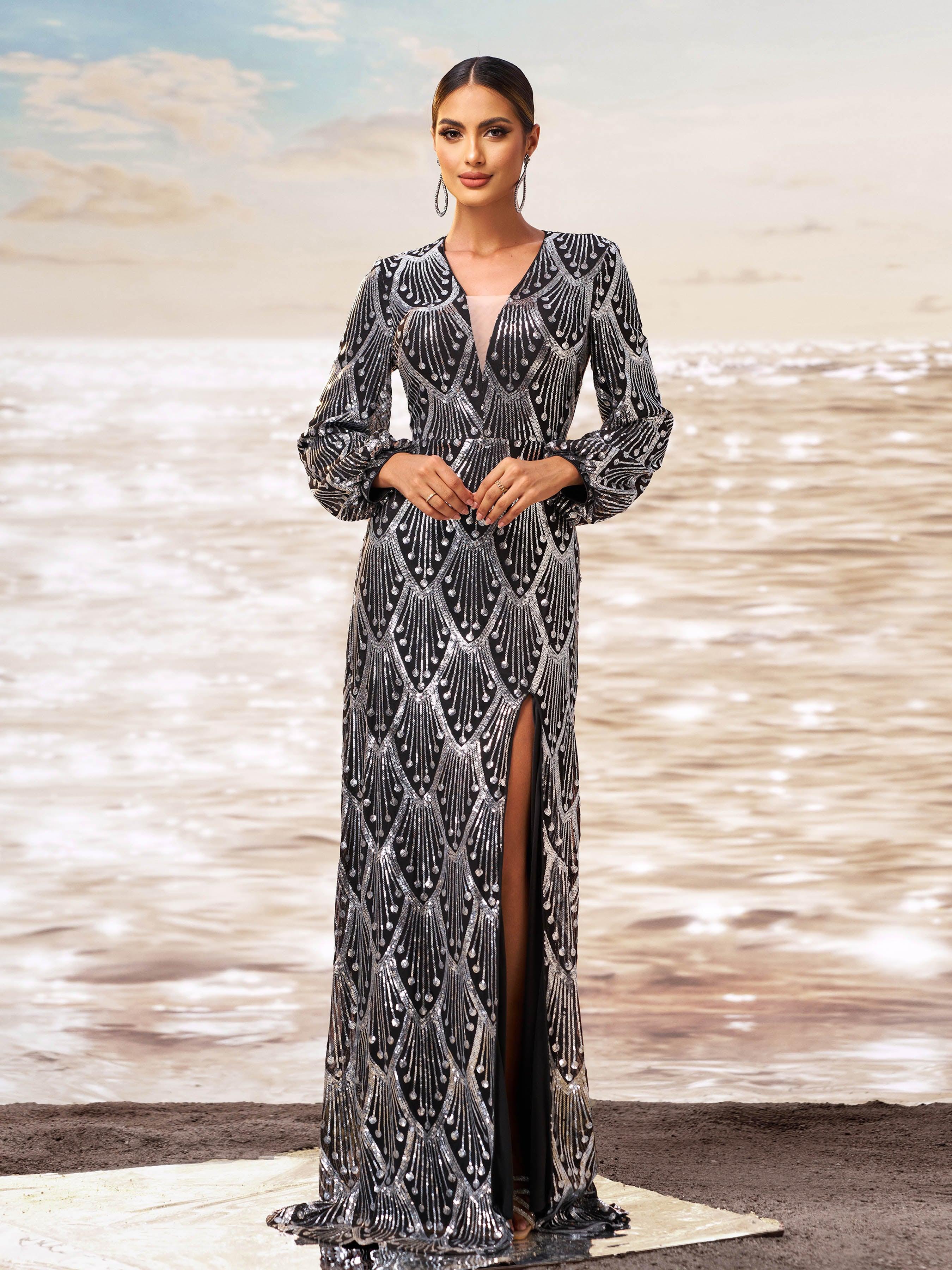 Black Sequin V-neck Split Evening Dress GM00658