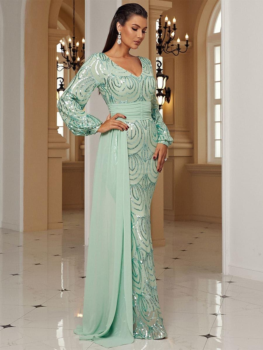 Formal Draping Sequin Long Sleeve Dress XJ1524