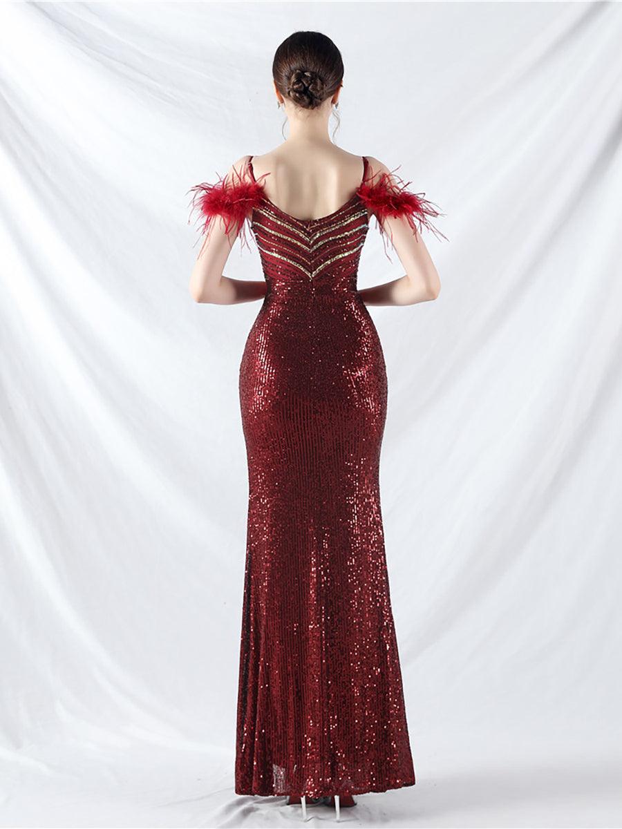 Cold Shoulder Feather Sequin Cocktail Dress MYC2006