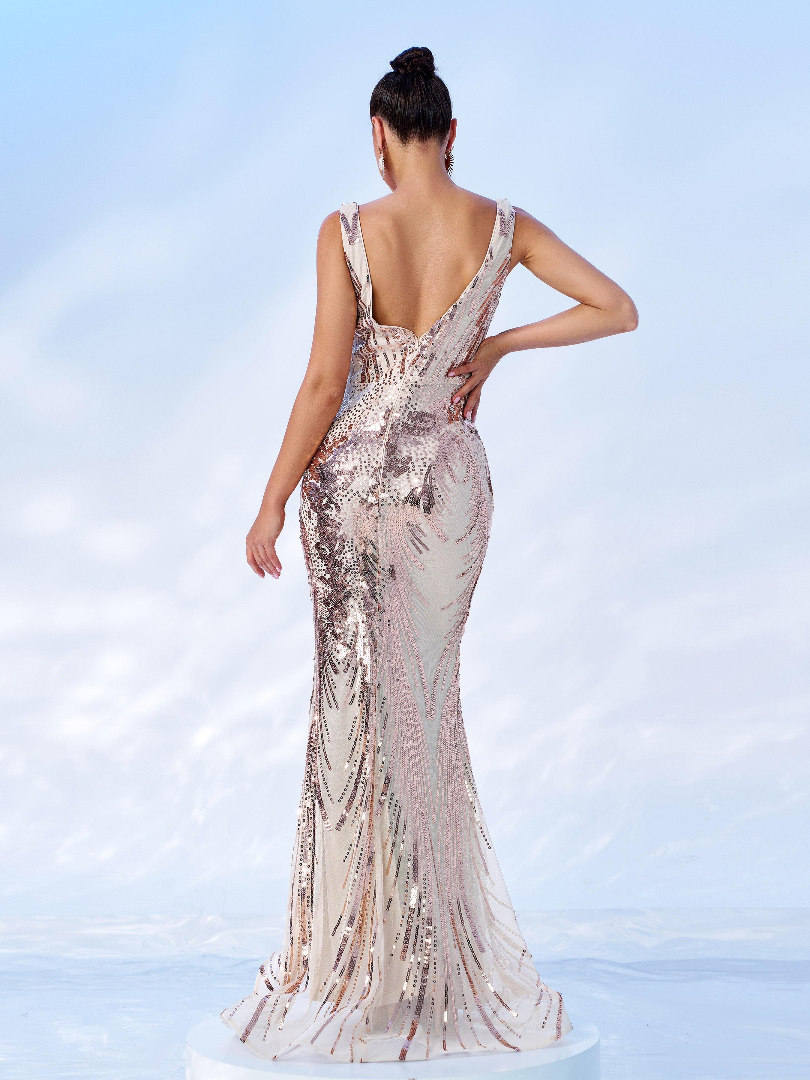 V-neck Sleeveless Mermaid Sequin Formal Dress RM21551