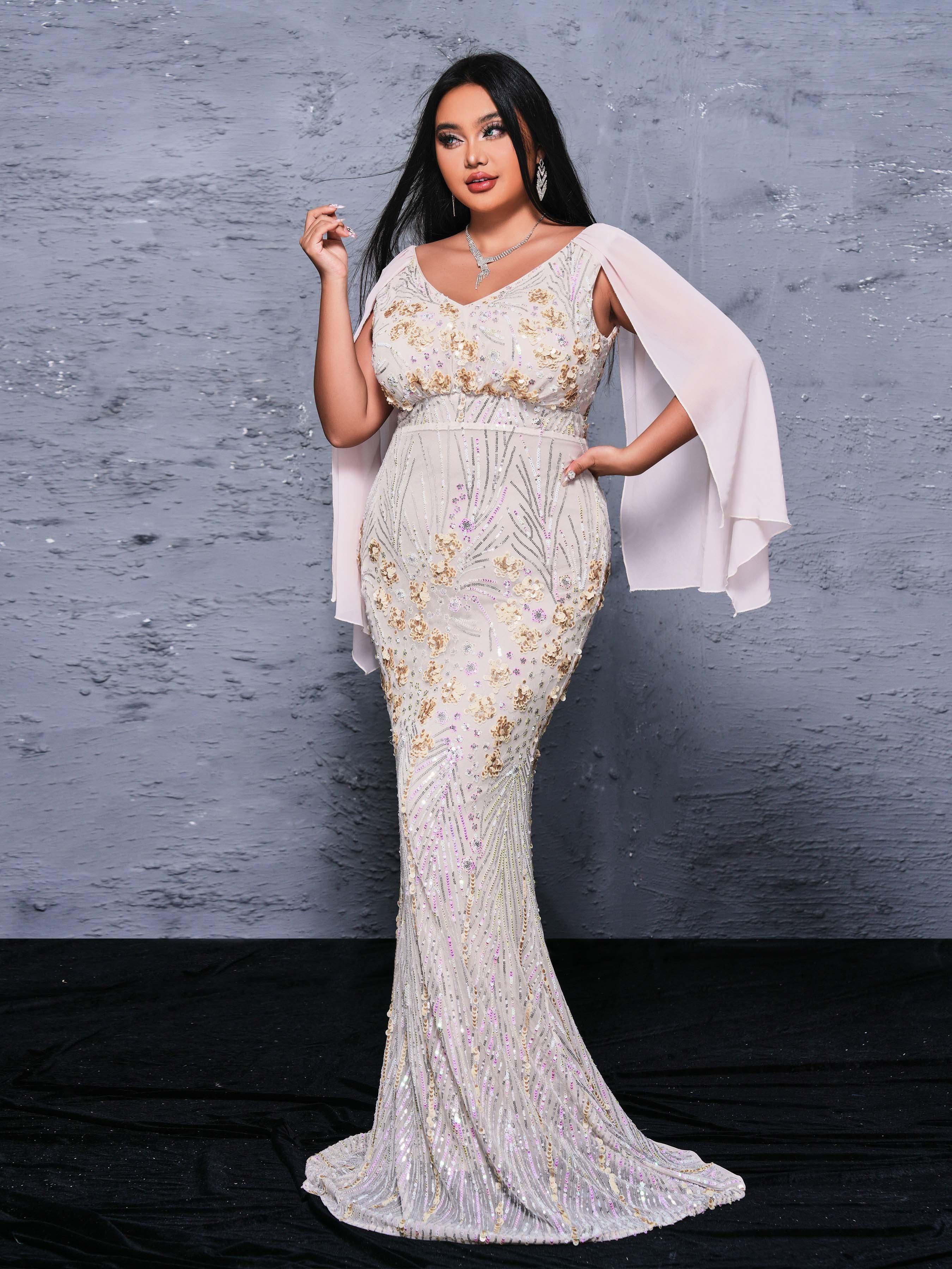 Plus V-neck Floral Sequin Mermaid Dress PRX70154