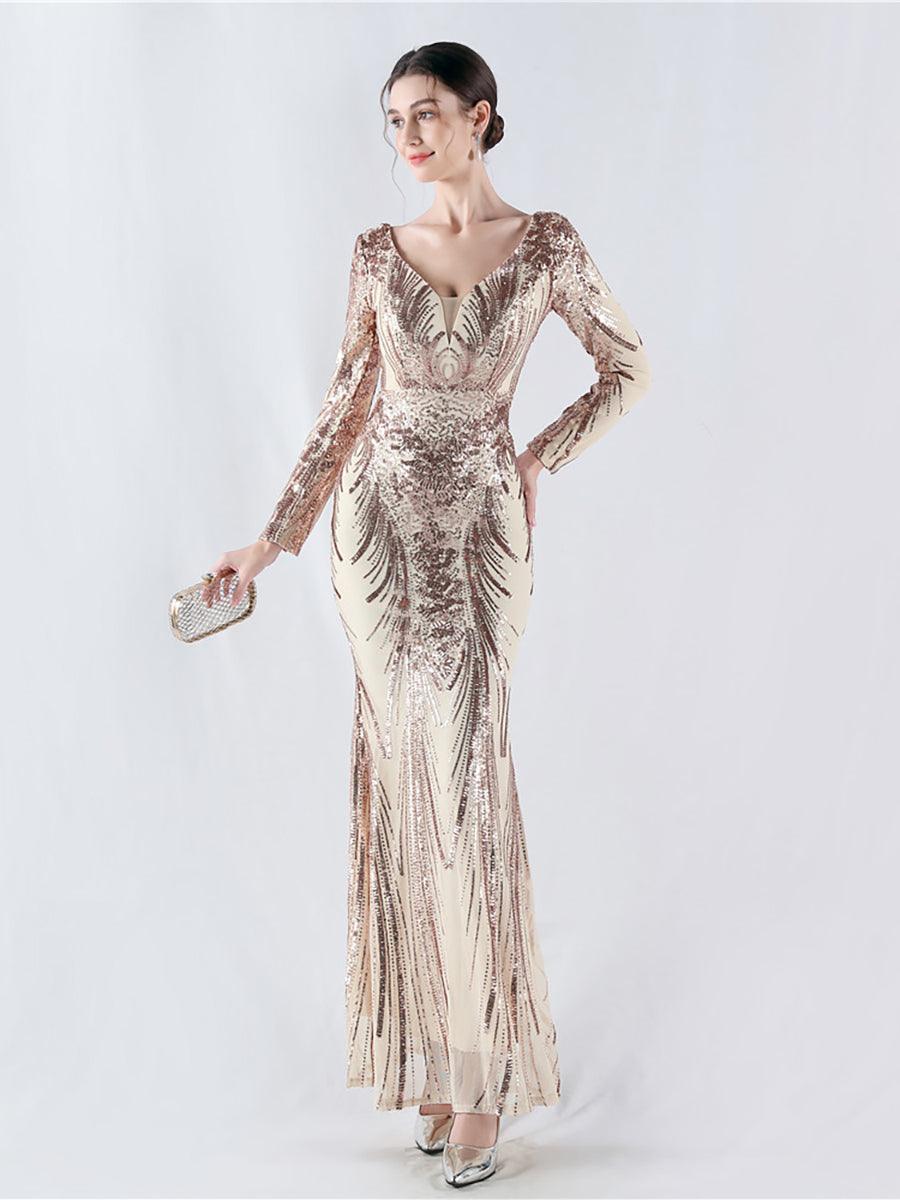 Long Sleeve Sequin V-neck Backless Prom Dress MCW1000