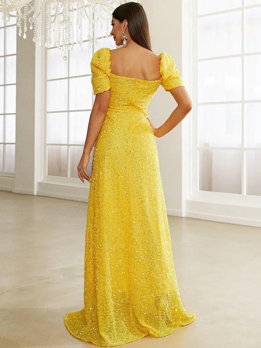 Light Yellow Puff Sleeve Sequin Maxi Dress XJ1509