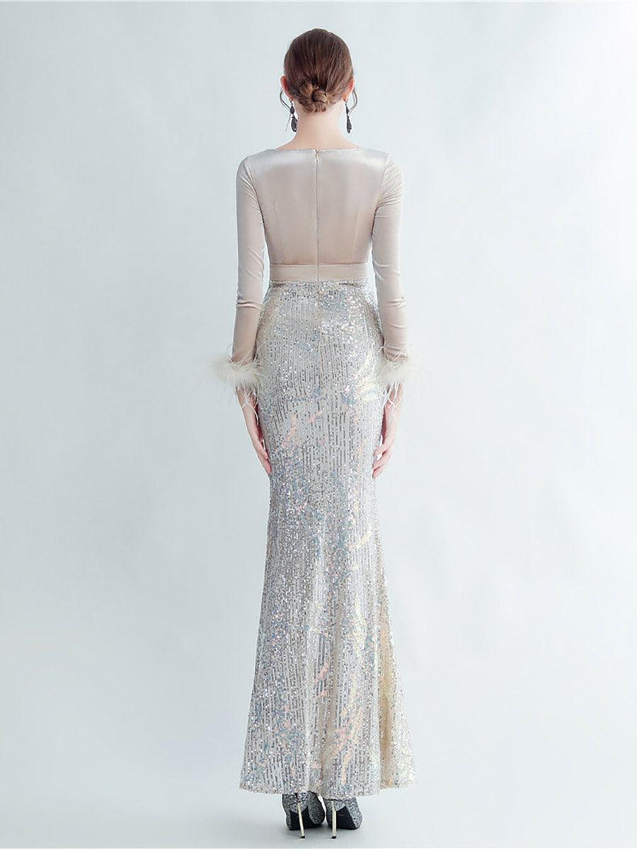 Long Sleeve Velvet Feather Wrap Prom Dress MCW0949