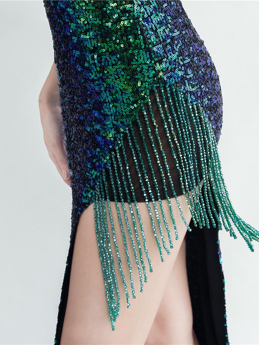 Fringed Sequin Spaghetti Split Cocktail Dress MYC2008