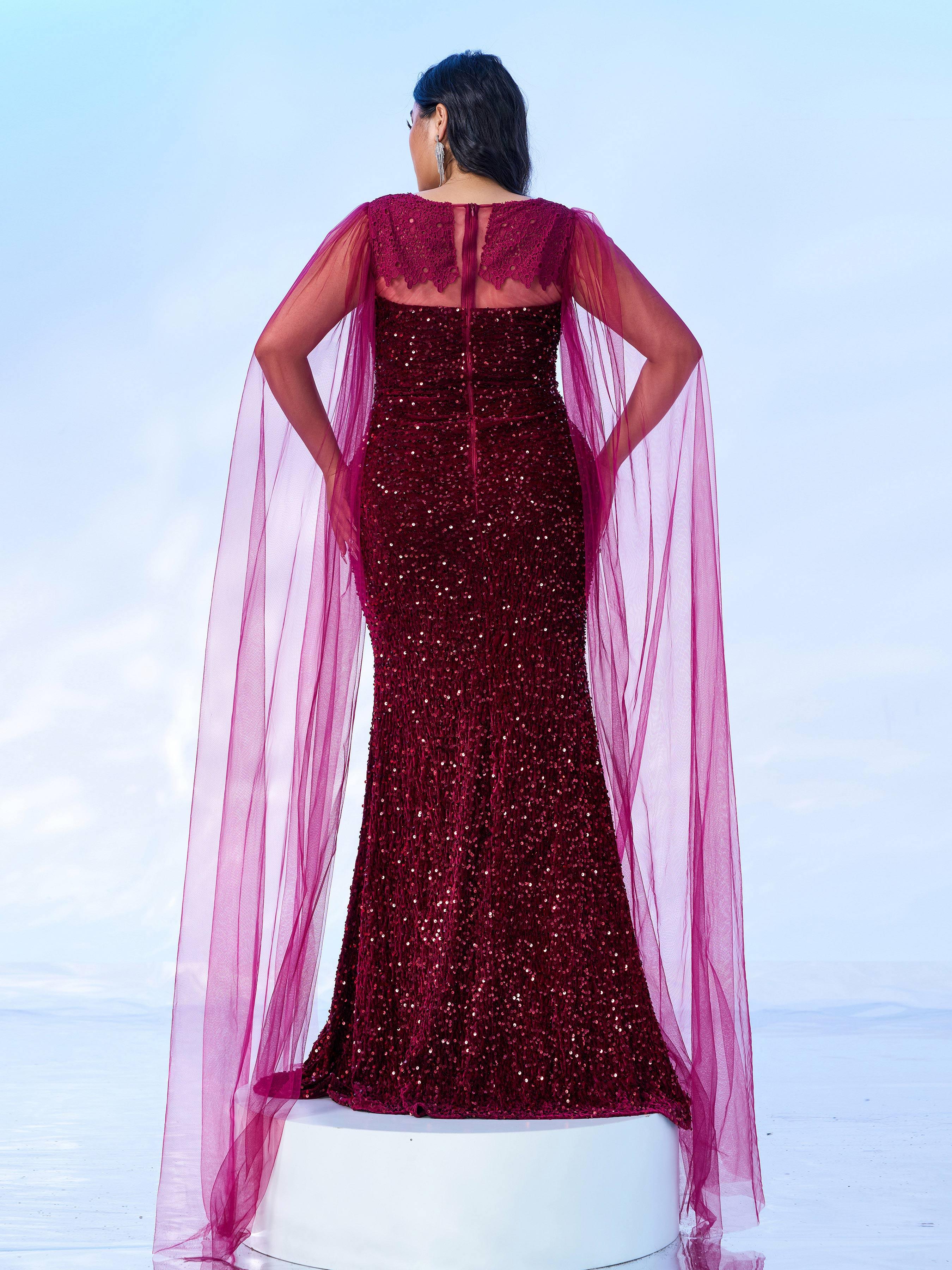 Plus Burgundy Panel Sequin Split Prom Dress PMES00533