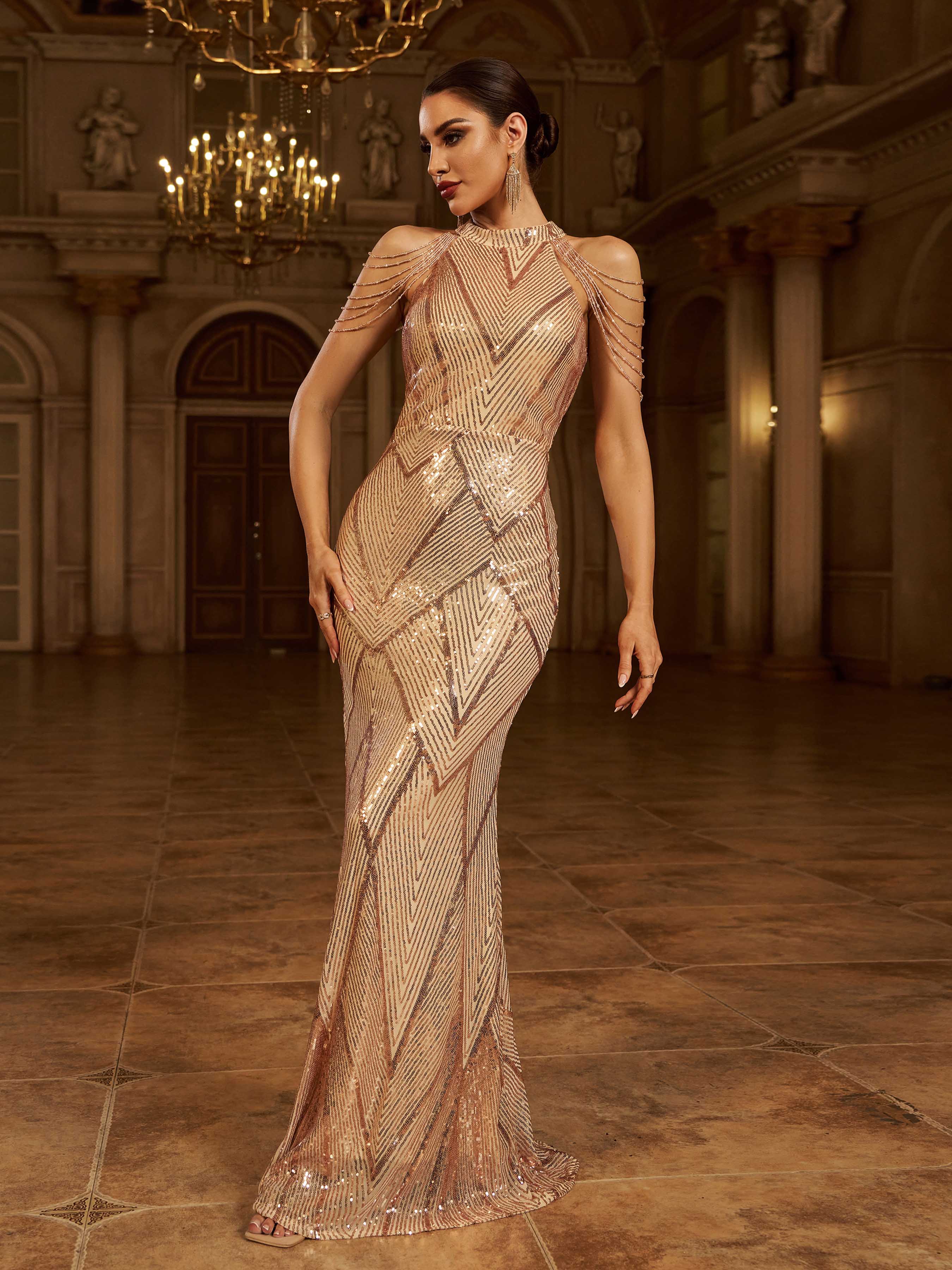 Geometric Sequin Chain Mermaid Prom Dress M01081