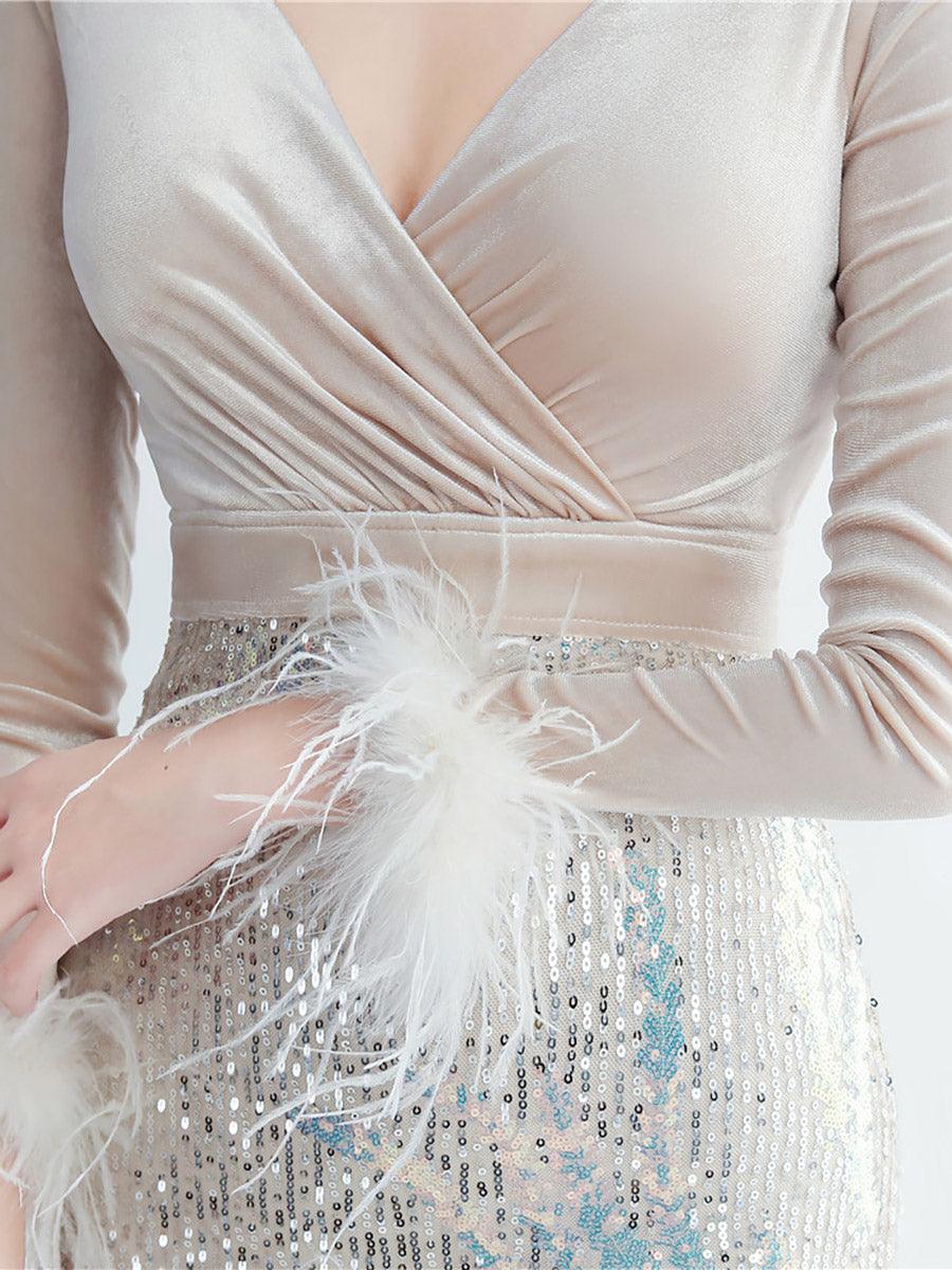 Long Sleeve Velvet Feather Wrap Prom Dress MCW0949