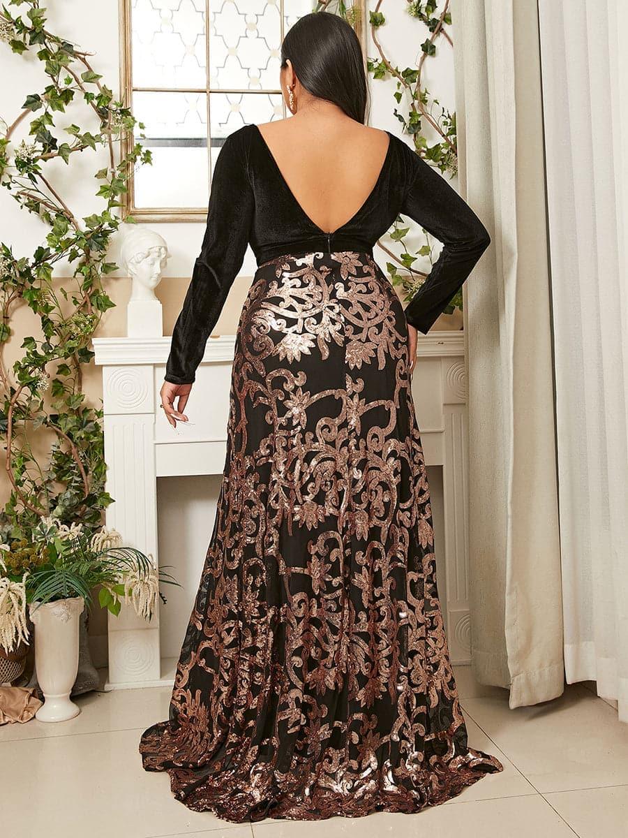 Plus Deep V Neck Backless Black Prom Dress PXJ1678