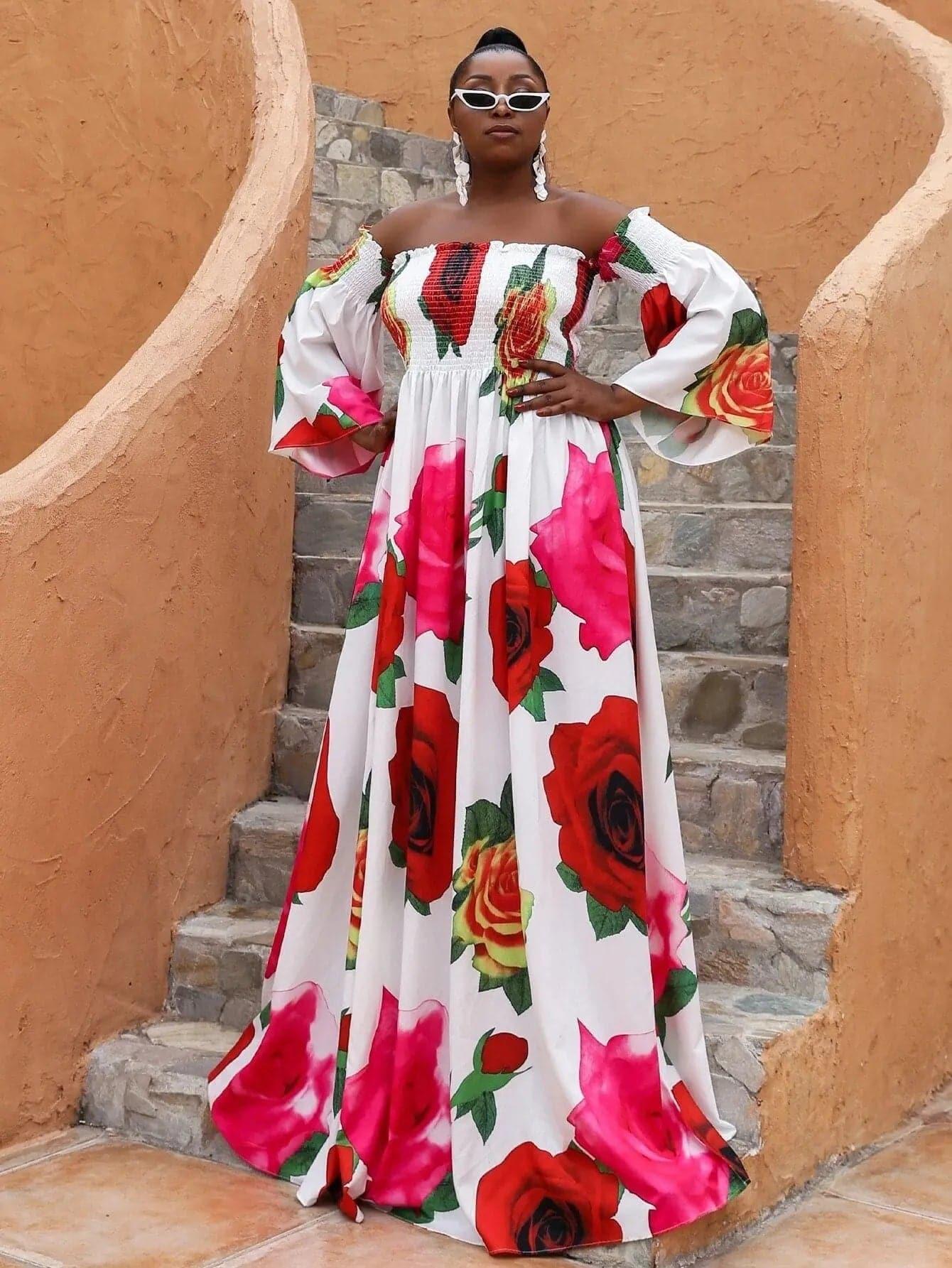 Missord Plus Floral Print Shirred Bardot Dress P0121