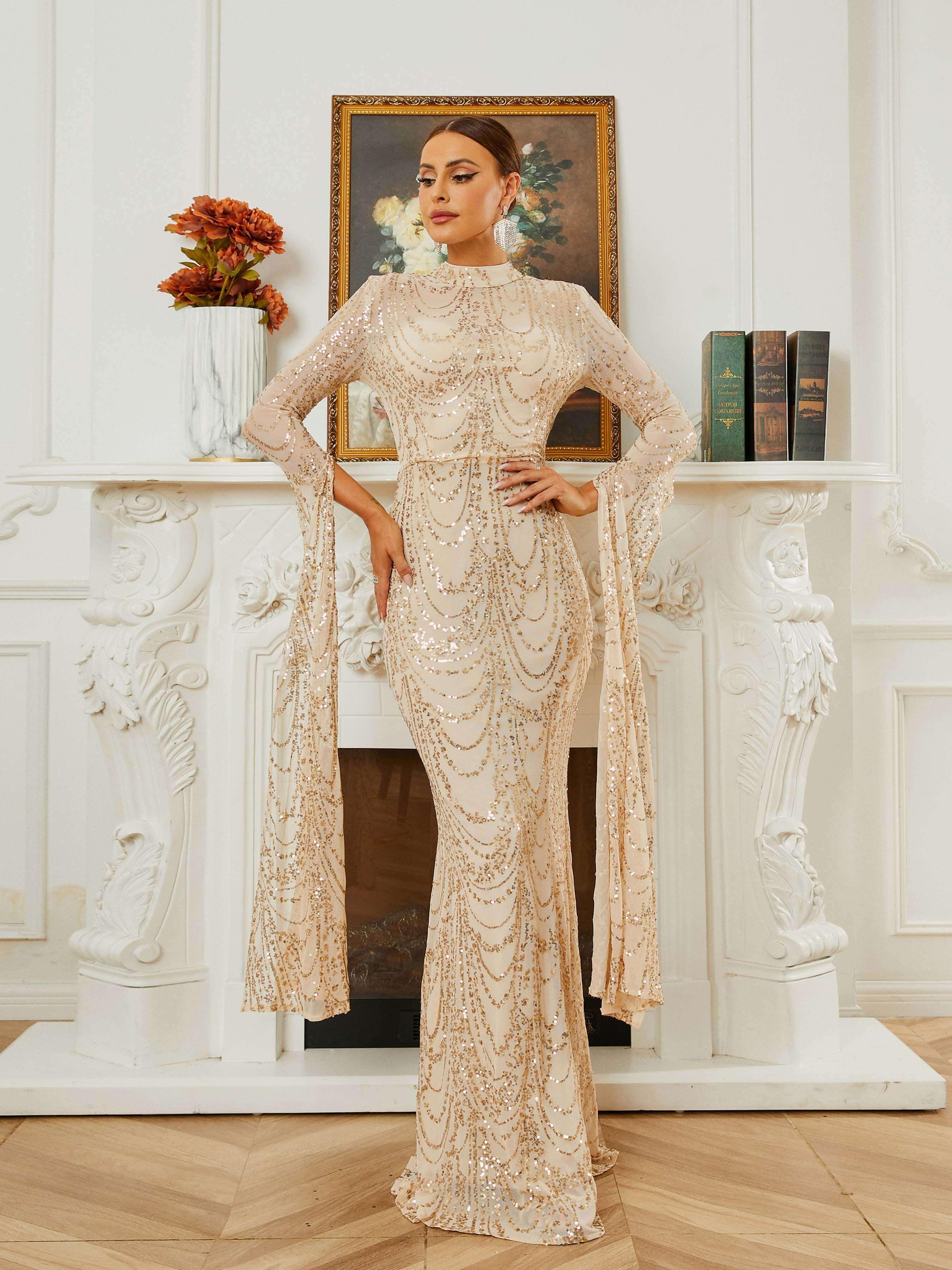 Stand Collar Mermaid Long Sleeve Evening Dress RA60055