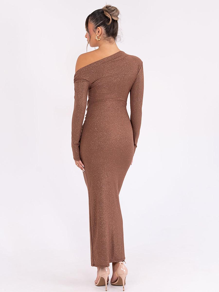 Slash Neck Solid Ruched Knot Prom Dress MYC2023