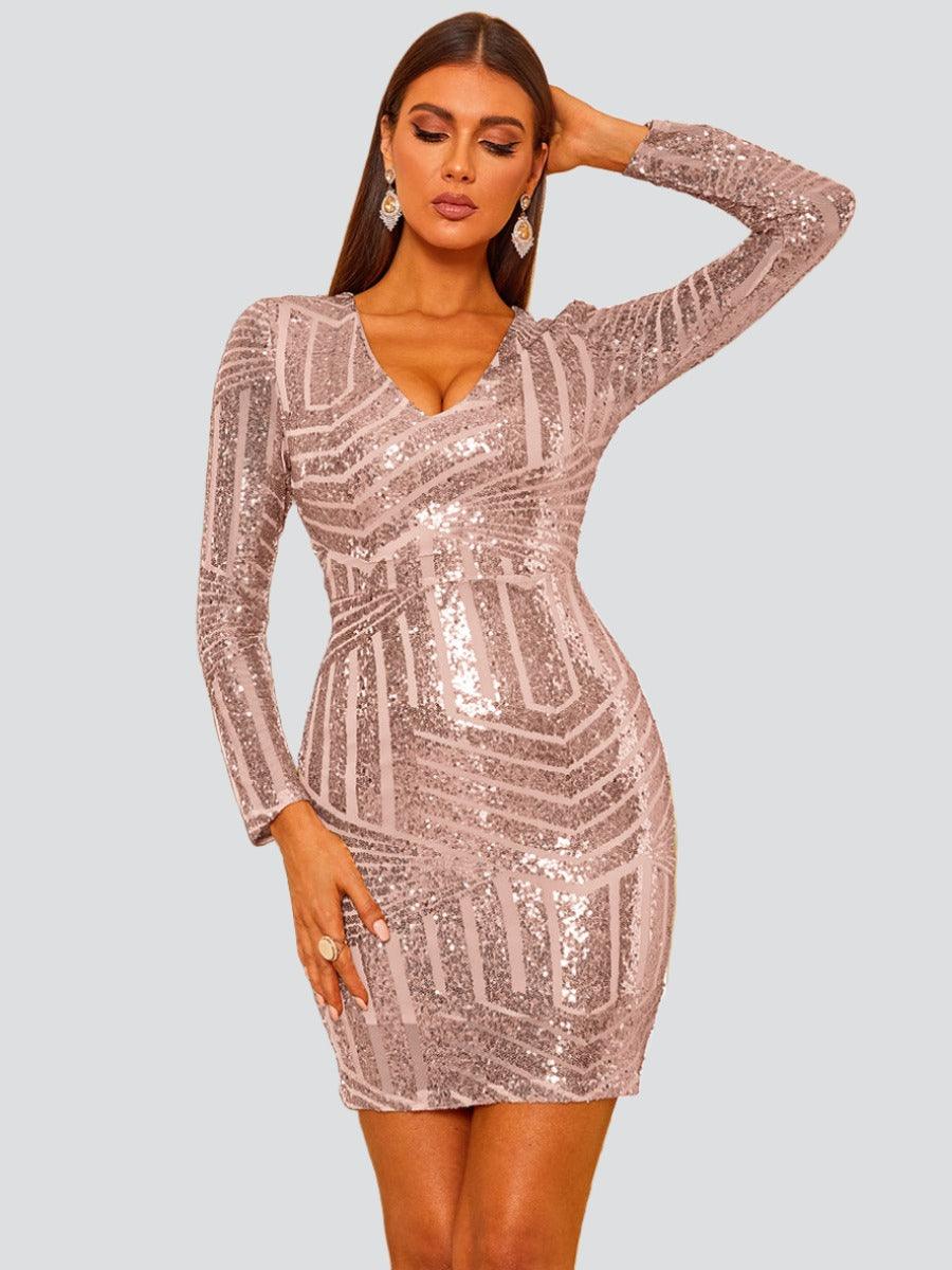 V-neck Long Sleeve Bodycon Dress FT2561