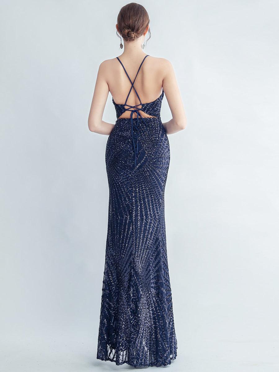 Spaghetti Cross Back Sequin Split Cocktail Dress MYC2007