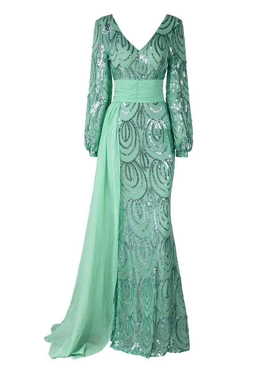 Formal Draping Sequin Long Sleeve Dress XJ1524