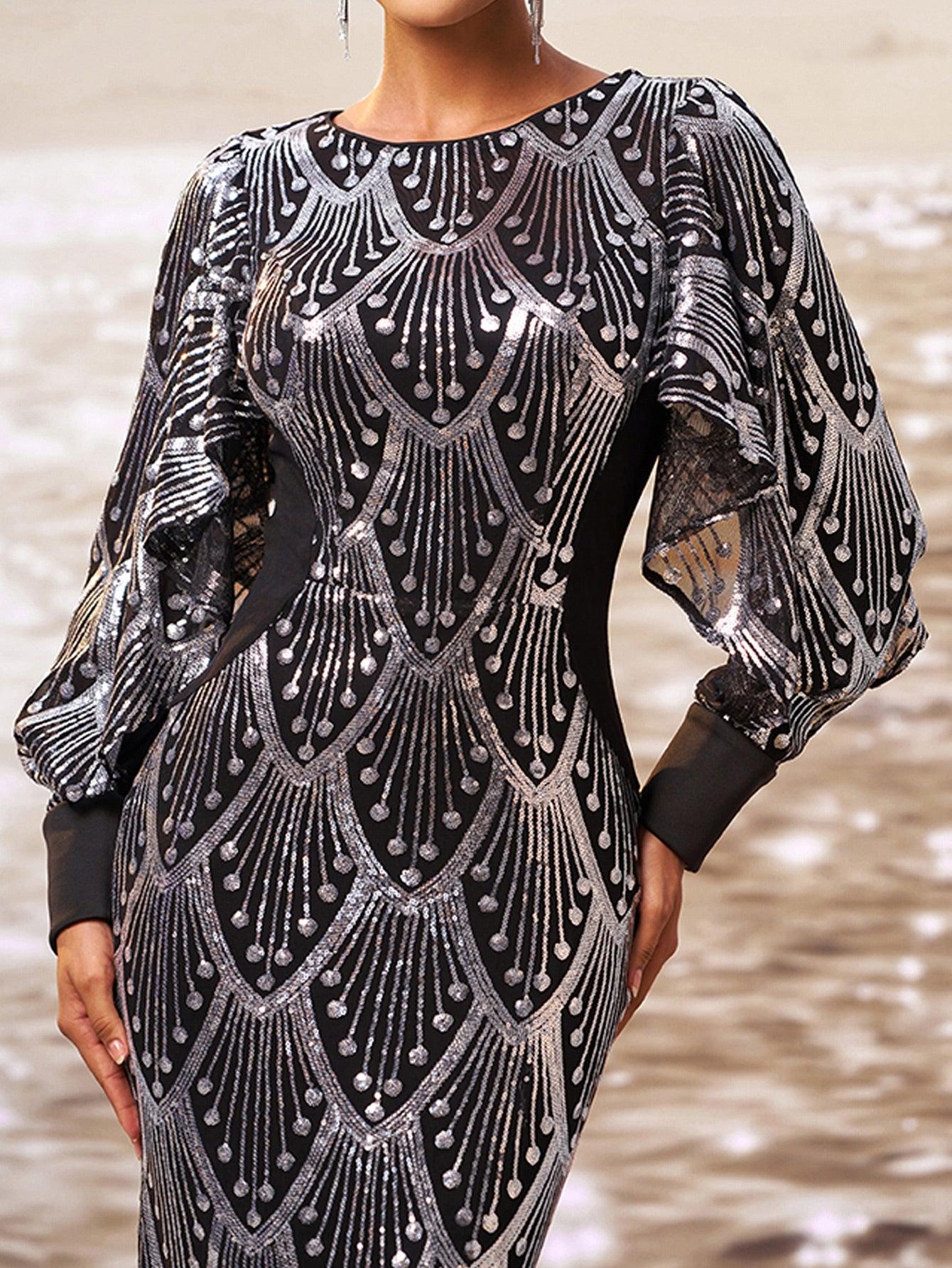 Classic Black Sequin Ballon Sleeve Prom Dress DH80287