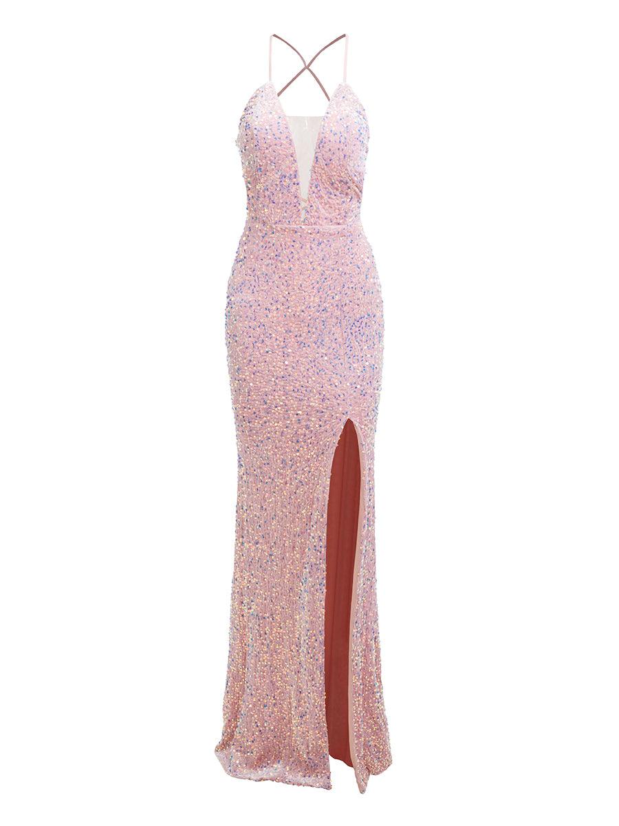 V Neck Open Back Sequin Maxi Formal Dress XH1933