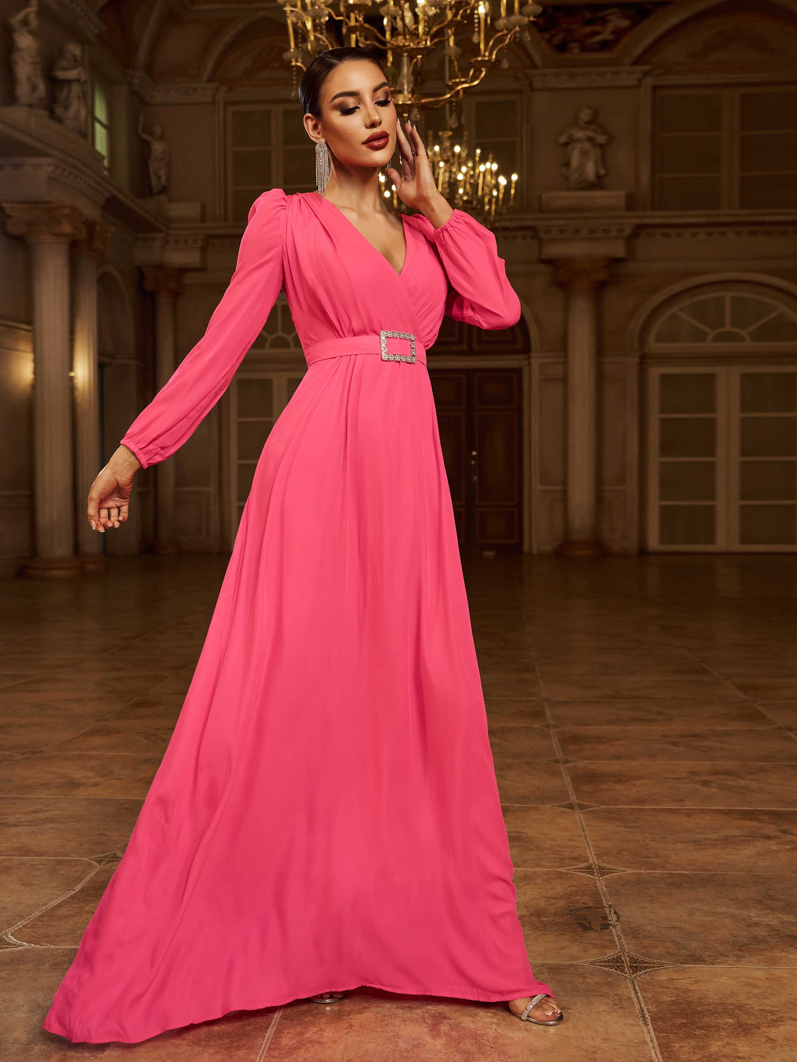 Formal V Neck A-Line Rose Red Chiffon Prom Dress XJ402