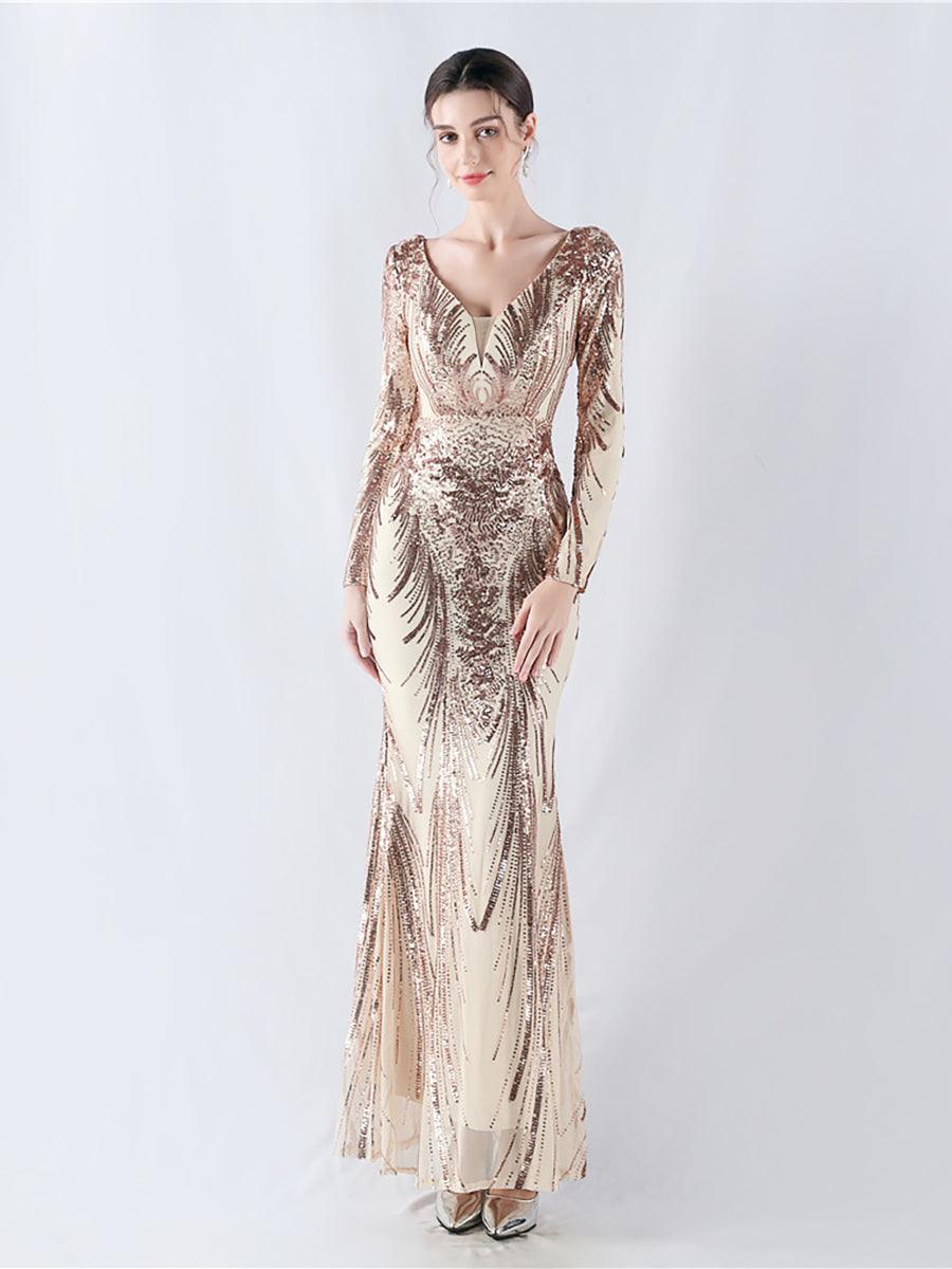 Long Sleeve Sequin V-neck Backless Prom Dress MCW1000