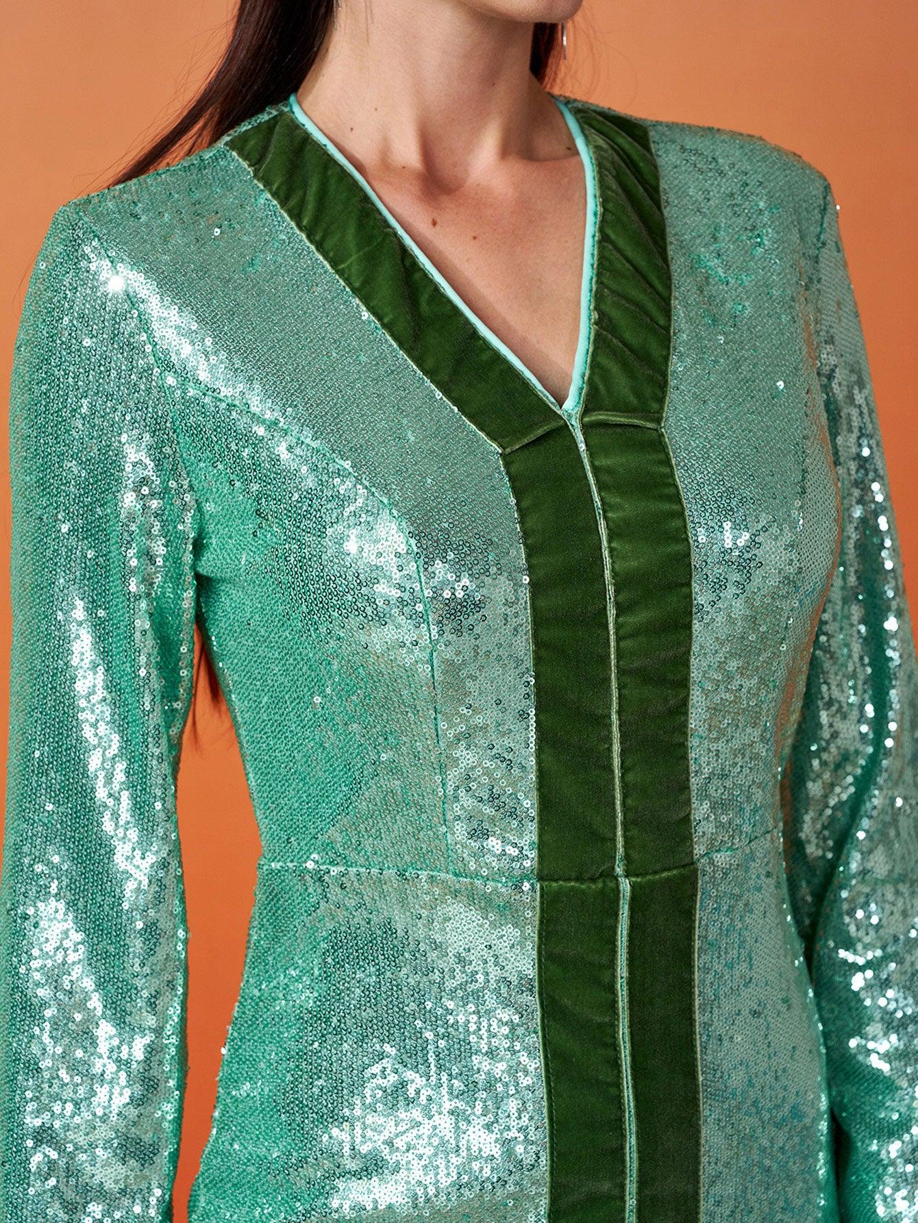 Stand Collar Split Maxi Sequin Dress MES00358