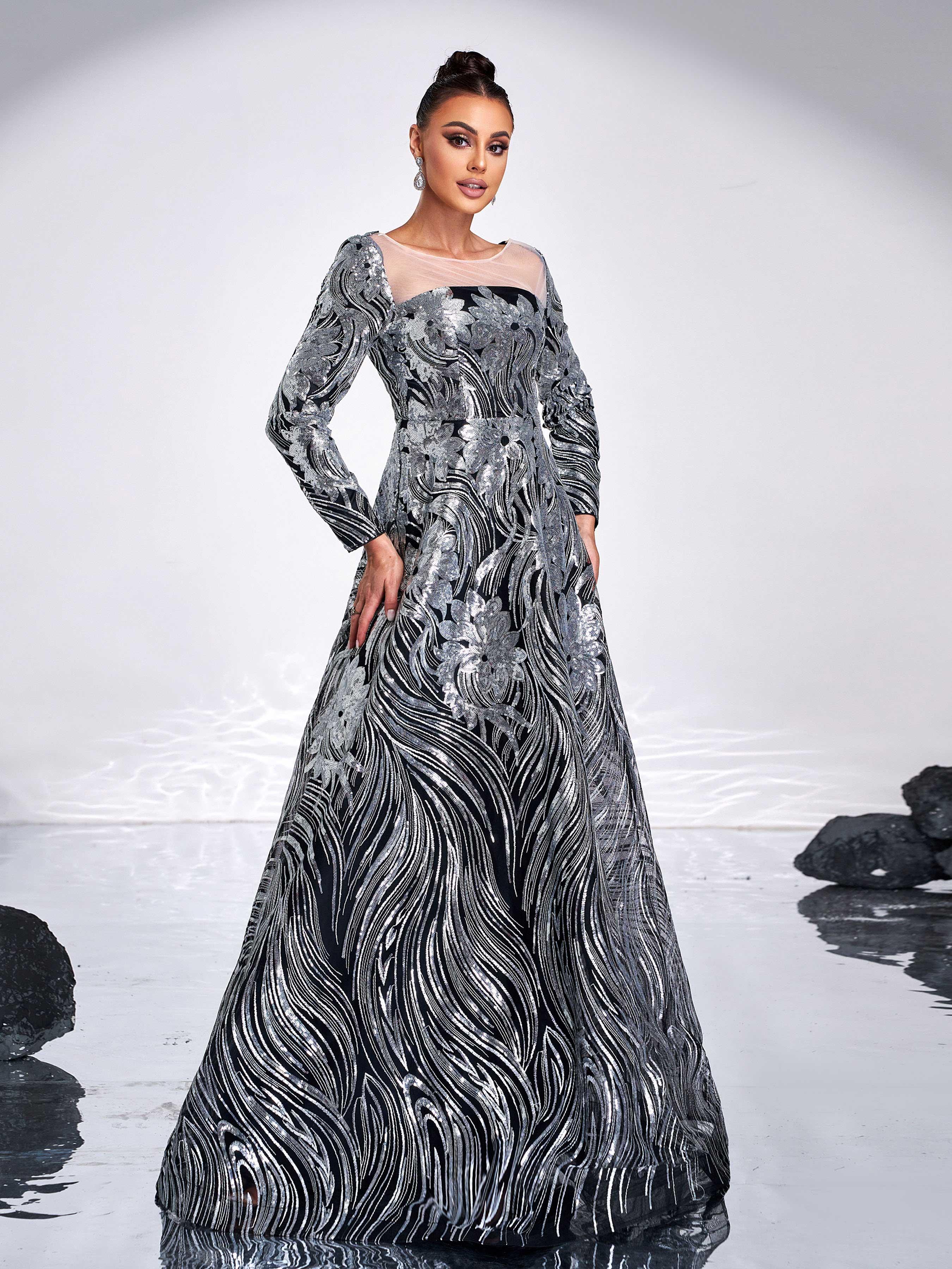 Black Panel A-line Sequin Evening Dress GM00588