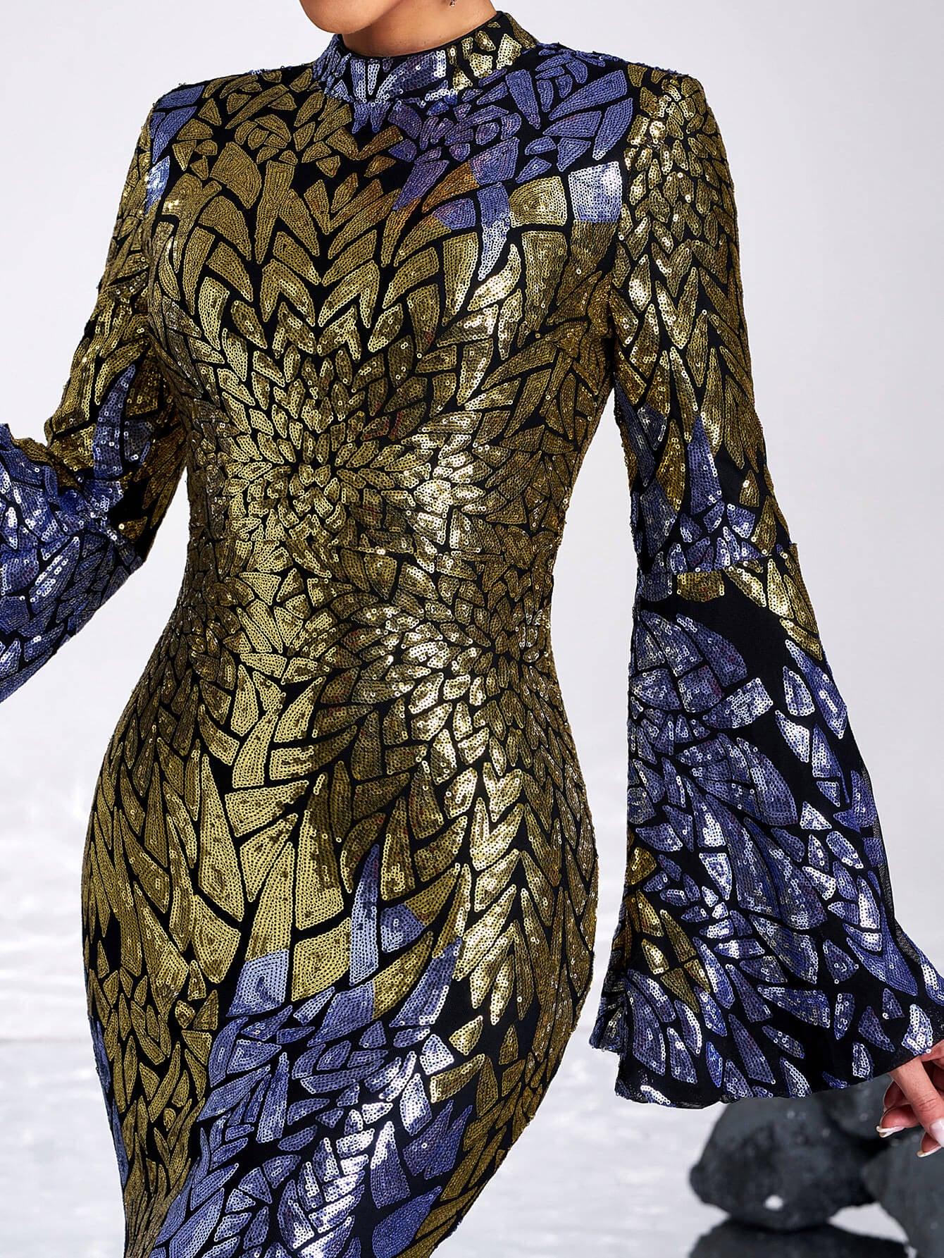 Backless Bell Sleeve Sequin Formal Dress XH2425