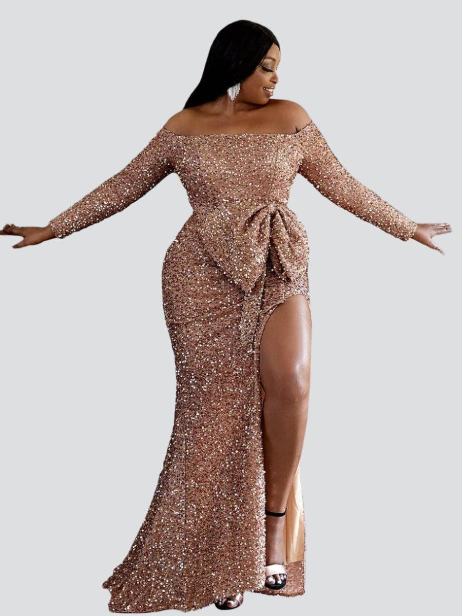 Plus Size Bow Knot Split Formal Dress PXH2122