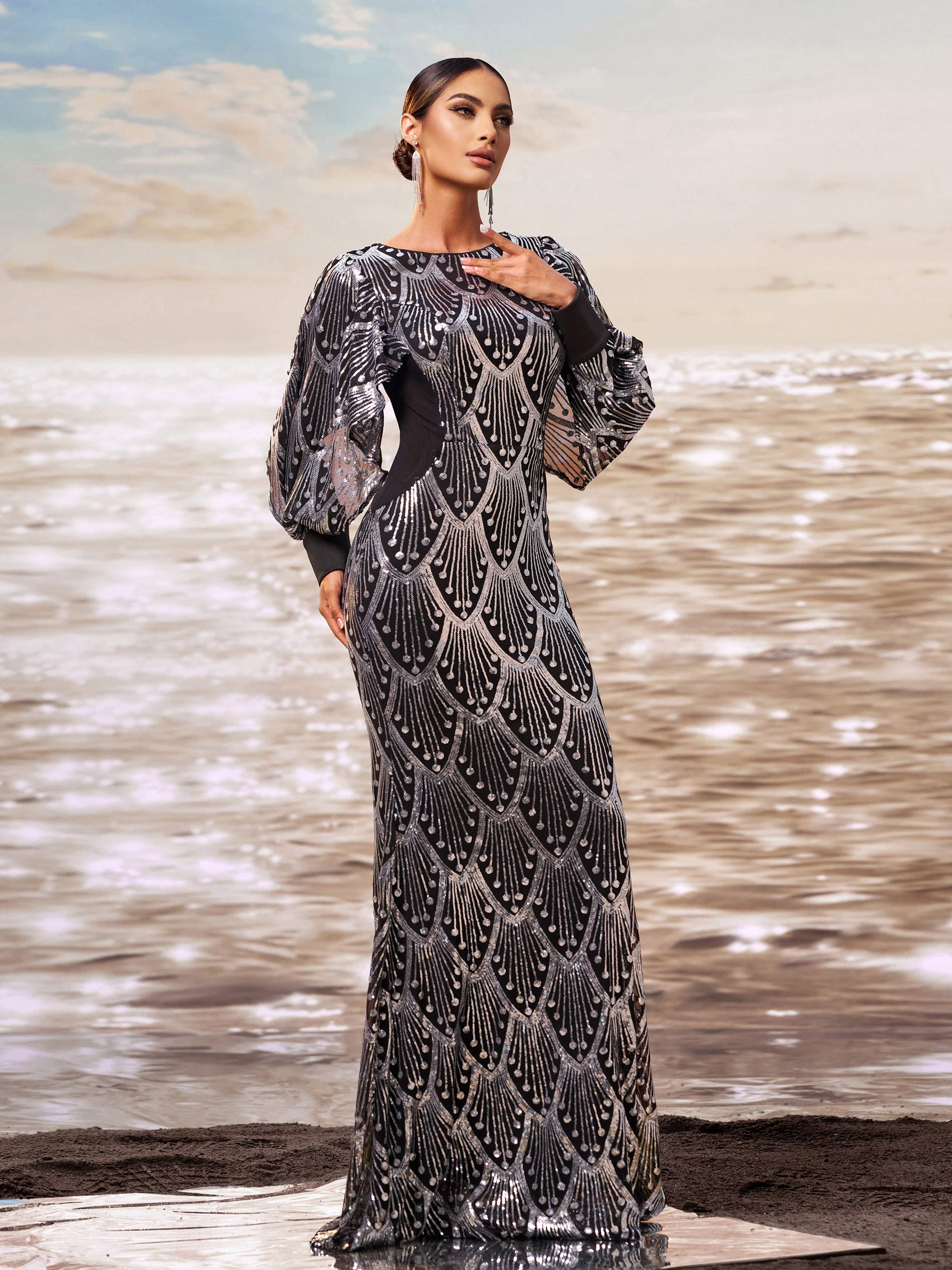 Classic Black Sequin Ballon Sleeve Prom Dress DH80287