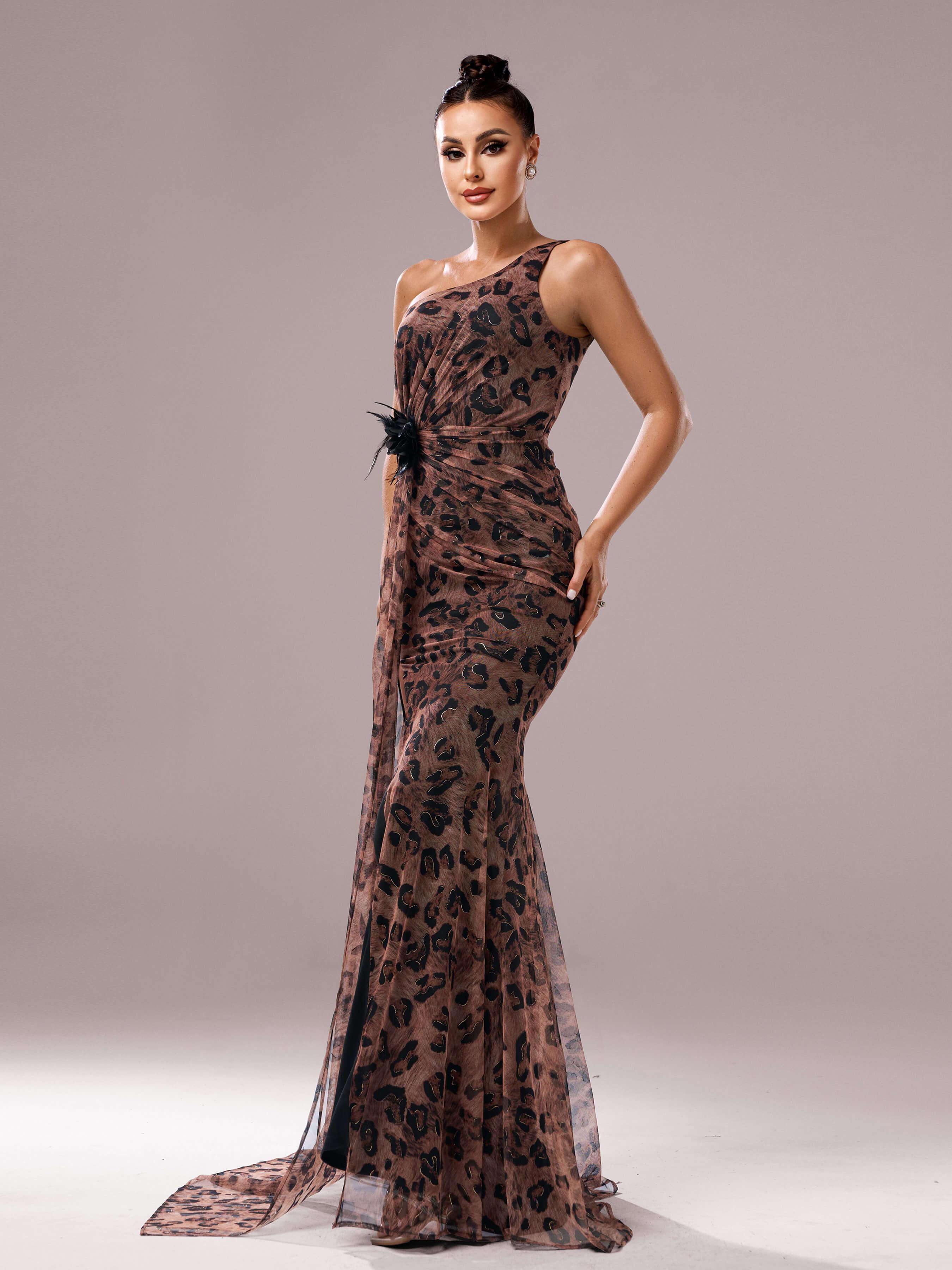 Leopard Print One Shoulder Mesh Prom Dress DH80317