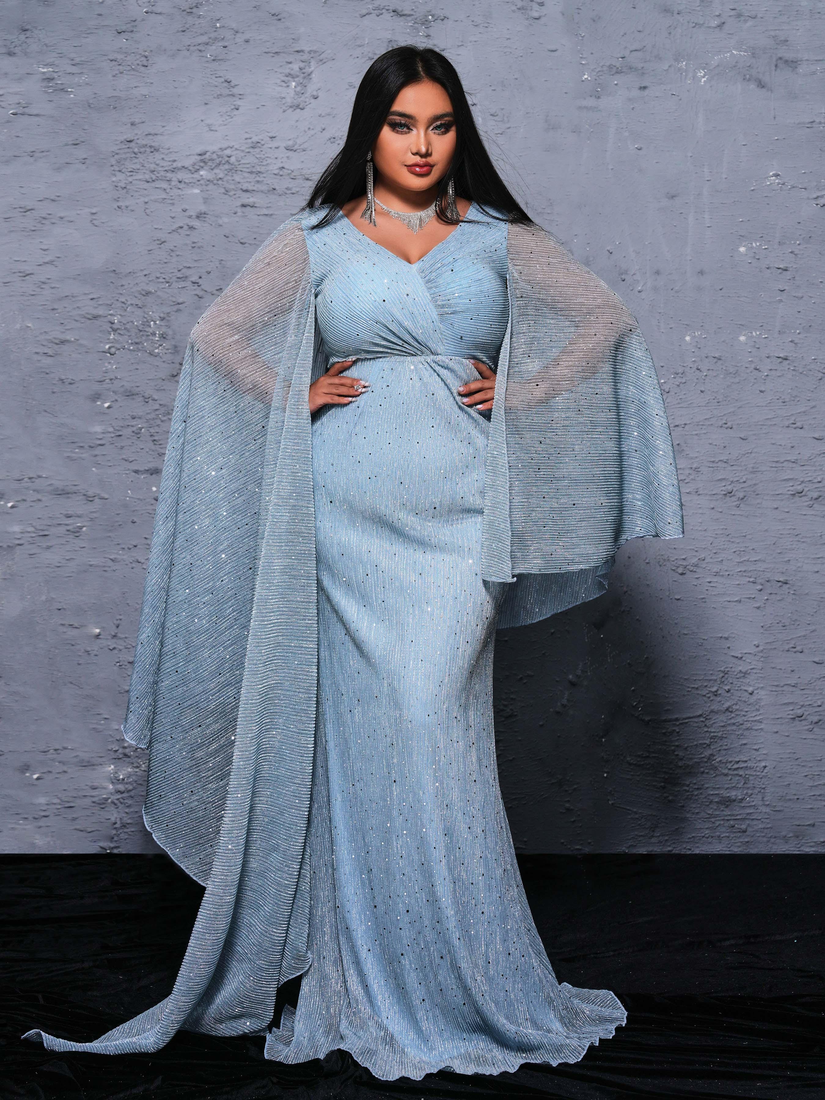 Plus V-neck Blue Sequin Mermaid Dress PRX70155